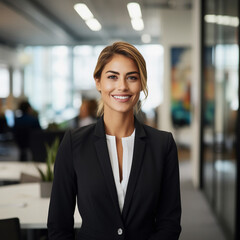 portrait of a confident and smiling smiling professional woman in modern office