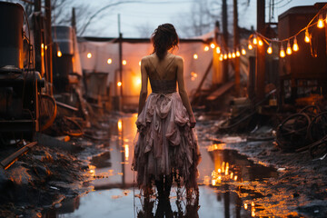 A woman in a dark fairy kei fashion wedding dress wading in a rundown industrial complex in the rain at dusk. Moody atmosphere. AI generative - obrazy, fototapety, plakaty