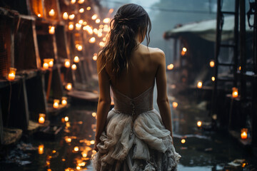 A woman in a dark fairy kei fashion wedding dress wading in a rundown industrial complex in the rain at dusk. Moody atmosphere. AI generative - obrazy, fototapety, plakaty