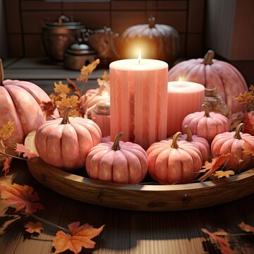 some pumpkins and candles on a table with autumn leaves around it, as seen from above the image is a candle surrounded by