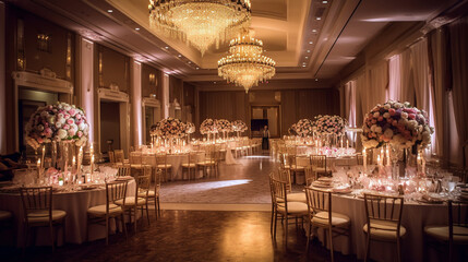 Beautifully decorated in white colors wedding hall. Wedding hall with decoration - obrazy, fototapety, plakaty