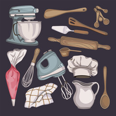 set of illustrations about baking tools and bakery equipment