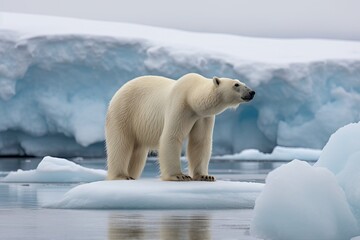 Obraz na płótnie Canvas a polar bear standing on top of an iceberg in the arctic ocean, looking at something to the camera