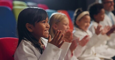 Clapping, science and happy group of kids in experiment, education or celebration of performance to study in laboratory. Applause, wow and scientist students smile for learning in kindergarten school