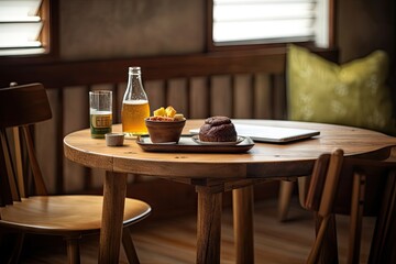 food and drinks on a wooden table in a dining room with two chairs next to each other objects are placed around the table