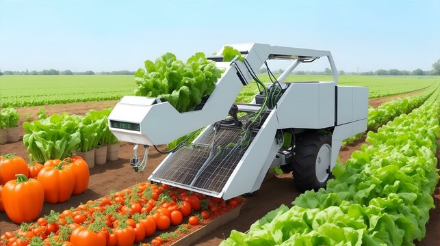 スマートファーム、野菜を収穫する自動ロボット、未来農業機械｜Smart farms, automatic robots that harvest vegetables, future agricultural machinery. Generative AI
