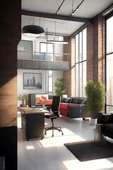 A contemporary loft office interior with a warm, inviting atmosphere and a sleek, modern design. 3D rendering with a focus on the textures and colors of the furniture and decor.