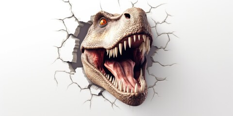 Cute T-Rex peeking out of a hole in wall, torn hole, empty copy space frame, mockup. Generative AI image weber.