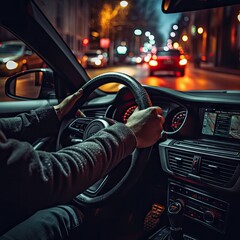 someone's hands on the steering wheel while driving down a city street at night, with blurred lights in the background - obrazy, fototapety, plakaty
