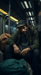 Skinny homeless man downtrodden and alone on a train, carrying his life in duffle bags. Wearing a hat and showing signs of neglect 