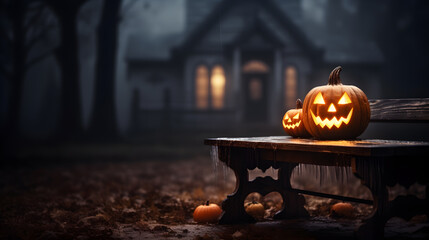 Evil glowing eyes of Jack O' Lanterns on a scary Halloween night, set against the backdrop of a spooky house