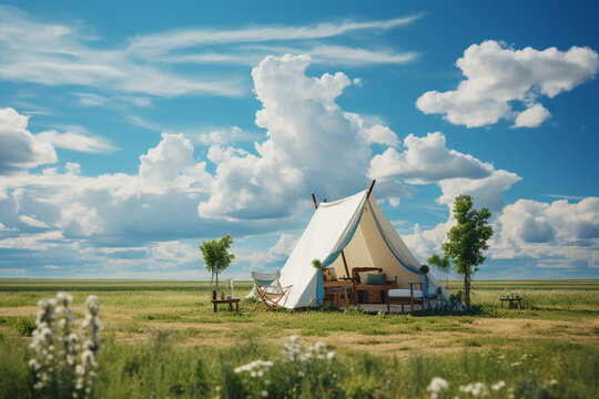 green field, bright, realistic, short grass, white tent, far away. AI generative