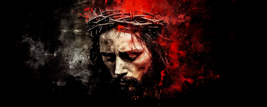 Divine Love and Sacrifice: Painting Of Jesus Christ with Crown of Thorns on Black Background.