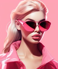 a woman wearing pink sunglasses with her hair pulled up and looking at the camera she is wearing a pink leather jacket