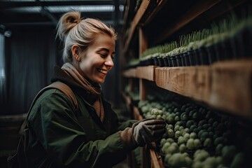 a woman picking grapes from a shelf in a grocery store she is wearing a green jacket and black gloves, smiling at the camera - Powered by Adobe