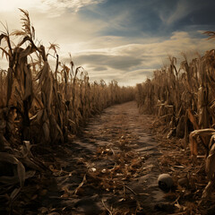 Dead corn crops due to drought and climate change. A struggling farm. Generative ai.  - obrazy, fototapety, plakaty