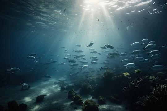 fish swimming in the ocean with sunlight streaming through the water's surface, creating an underwater scene photo by person
