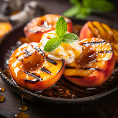 Grilled peaches topped with ice cream and a mint leaf. A unique fruit dessert. Generative ai. 