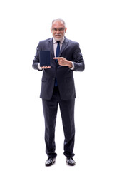 Old businessman holding book isolated on white