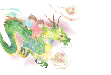 子どもを乗せた龍の水彩画　辰年年賀状テンプレート