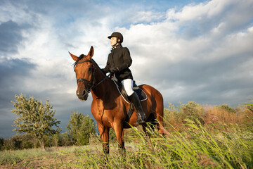 Horsewoman in equestrian sports gear, riding a horse, against an expressive sky, horseback riding in the open air - 642720500