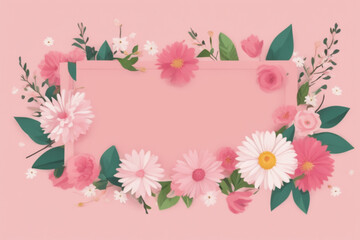 Pink background with white and rose flowers, floral border with copy space