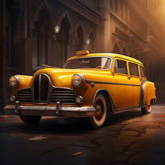 Old fashioned Yellow Taxi cab in the city. Generative ai. 