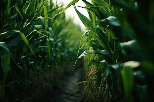 a corn field with the sun shining in the middle part of the image is blurred and blured by the camera's lens