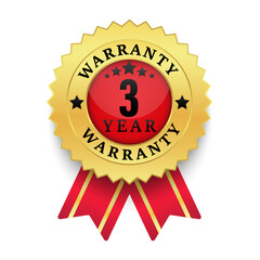 Realistic warranty number 3 years golden label isolated on white background, Red ribbon style, Warranty logo design isolated on white background, Vector golden warranty and illustration.