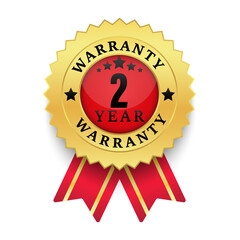 Realistic warranty number 2 years golden label isolated on white background, Red ribbon style, Warranty logo design isolated on white background, Vector golden warranty and illustration.