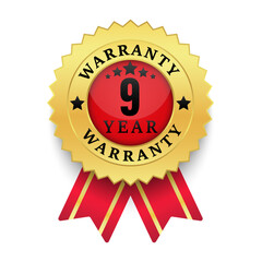 Realistic warranty number 9 years golden label isolated on white background, Red ribbon style, Warranty logo design isolated on white background, Vector golden warranty and illustration.