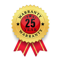 Realistic warranty number 25 years golden label isolated on white background, Red ribbon style, Warranty logo design isolated on white background, Vector golden warranty and illustration.
