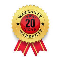Realistic warranty number 20 years golden label isolated on white background, Red ribbon style, Warranty logo design isolated on white background, Vector golden warranty and illustration.