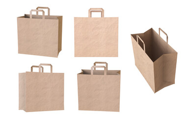 Folded paper bag with handle isolated or Recycled paper shopping bags