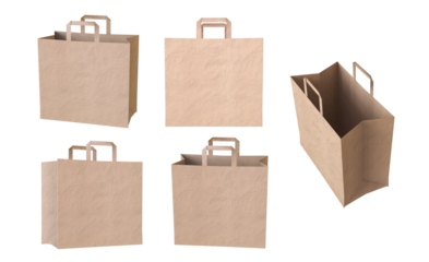 Folded paper bag with handle isolated or Recycled paper shopping bags