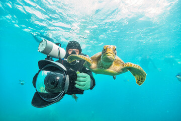 under water photographer diving righ next to turtle - obrazy, fototapety, plakaty
