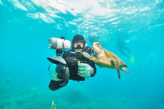 under water photographer diving righ next to turtle