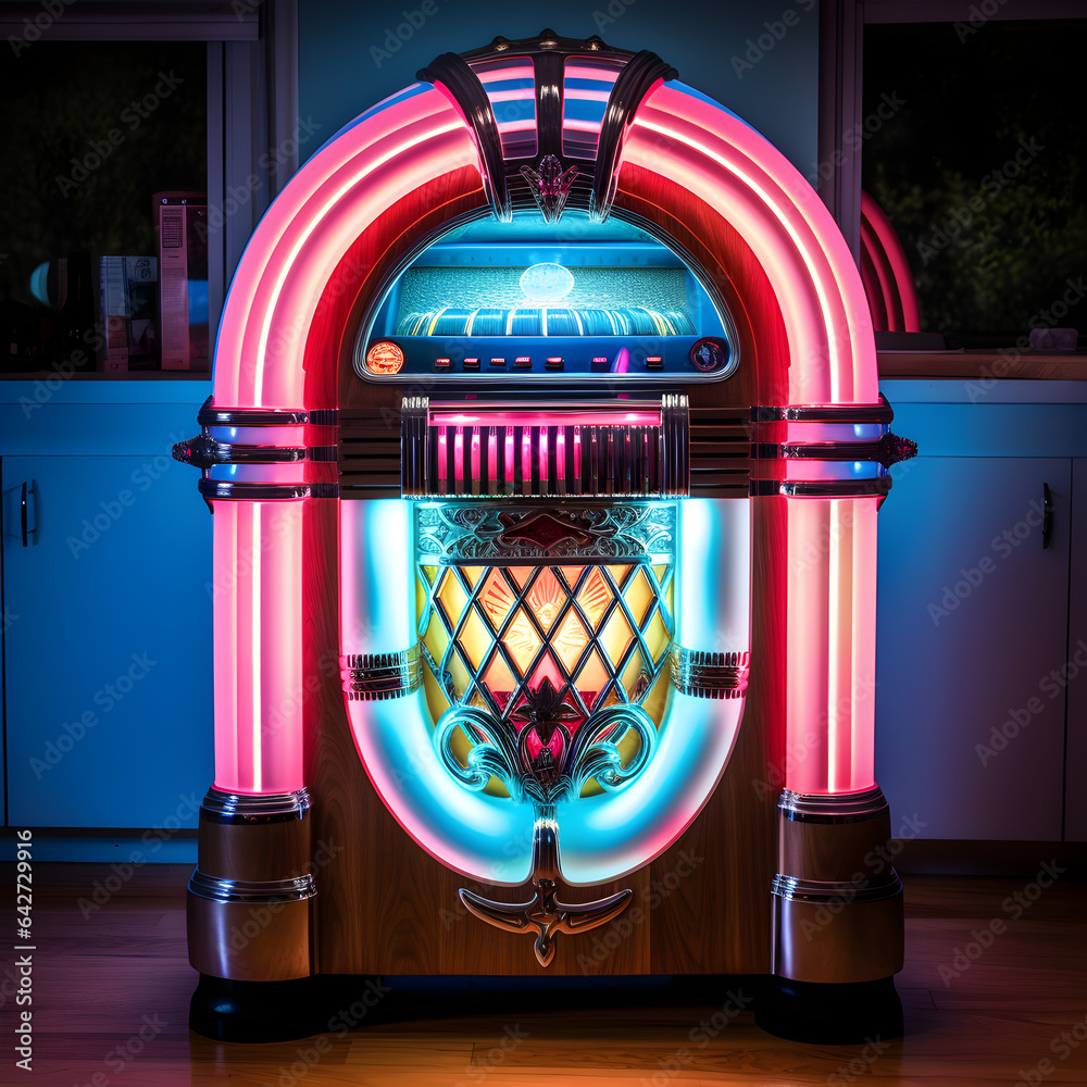 Wall mural an old fashioned jukebox in a retro 1950's diner. a music and nostalgia concept. generative ai.