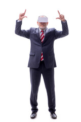Old businessman wearing virtual glasses isolated on white