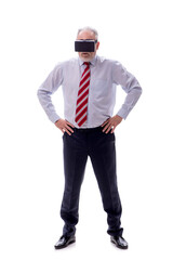 Old businessman wearing virtual glasses isolated on white