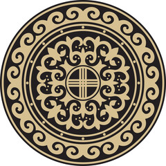 Vector golden and black round Kazakh national ornament. Ethnic pattern of the peoples of the Great Steppe,