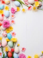 Naklejka na ściany i meble カラフルなイースターの卵と春の花の背景素材　Generative AI