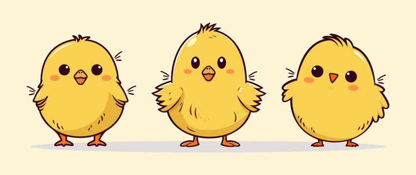 Set of cute yellow little cartoon chick isolated on background. Funny farm bird design, cartoon or comic style, logo, card. Vector Illustartion. Hand drawn. Funny characters. 