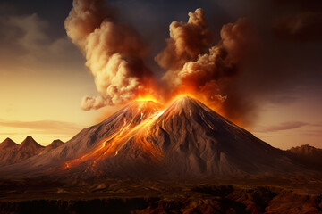 Fototapeta premium Explosive and volcanic eruption with thick fumes and smoke