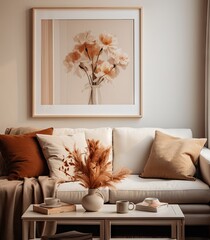 an orange flower on the wall above a white couch and coffee table in a neutral living room with beige walls
