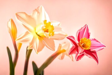 Artistic shot of daffodil flower, Pink Peony Color beautiful flowers background