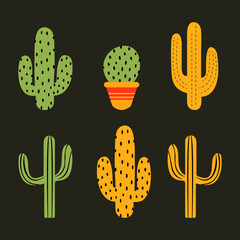 Simple shapes colorful cactus vector illustartion. Flat, hand drawn style. Simple design clipart. Cactus in a pot with ornament. Elements for pattern, poster, logo, scrapbooking, greeting card.