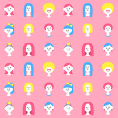 様々なヘアスタイルの女性　イラストセット／シームレスパターン（ピンク）