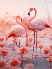 pink flamingos standing in the water with their heads turned to look like they are looking at each other birds
