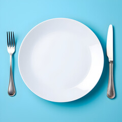 Plain white plate with knife and fork silverware next to it, on a light blue background. Generative ai. 